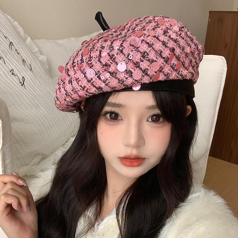

Versatile Duck Tongue Beret for Women s Fashion Sequin Big Head Painter Hat Korean Version Showing Face Small Octagonal Hat One Size