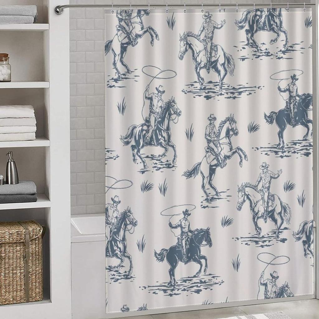 Zachodnie zasłony prysznicowe do łazienki, Wzór kreskówkowy kowbojski, Zestaw zasłon łazienkowych z haczykami, Wodoodporna tkanina, Okna