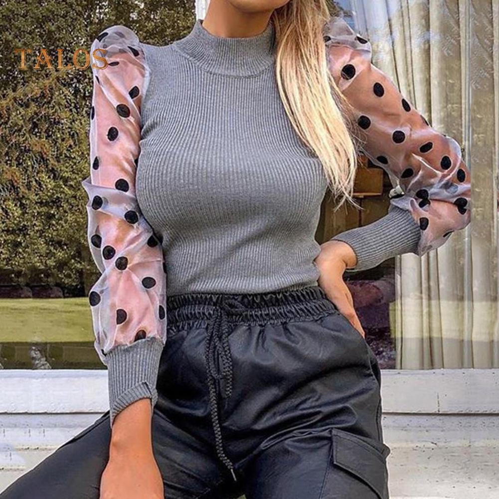 Women's Ladies Fine Knitted Polka Dots Mesh Puff Sleeve Ribbed Shirt Jumper Tops Women's Ladies Fine Knitted Polka Dots Mesh Puff Sleeve Ribbed Shirt Jumper Tops