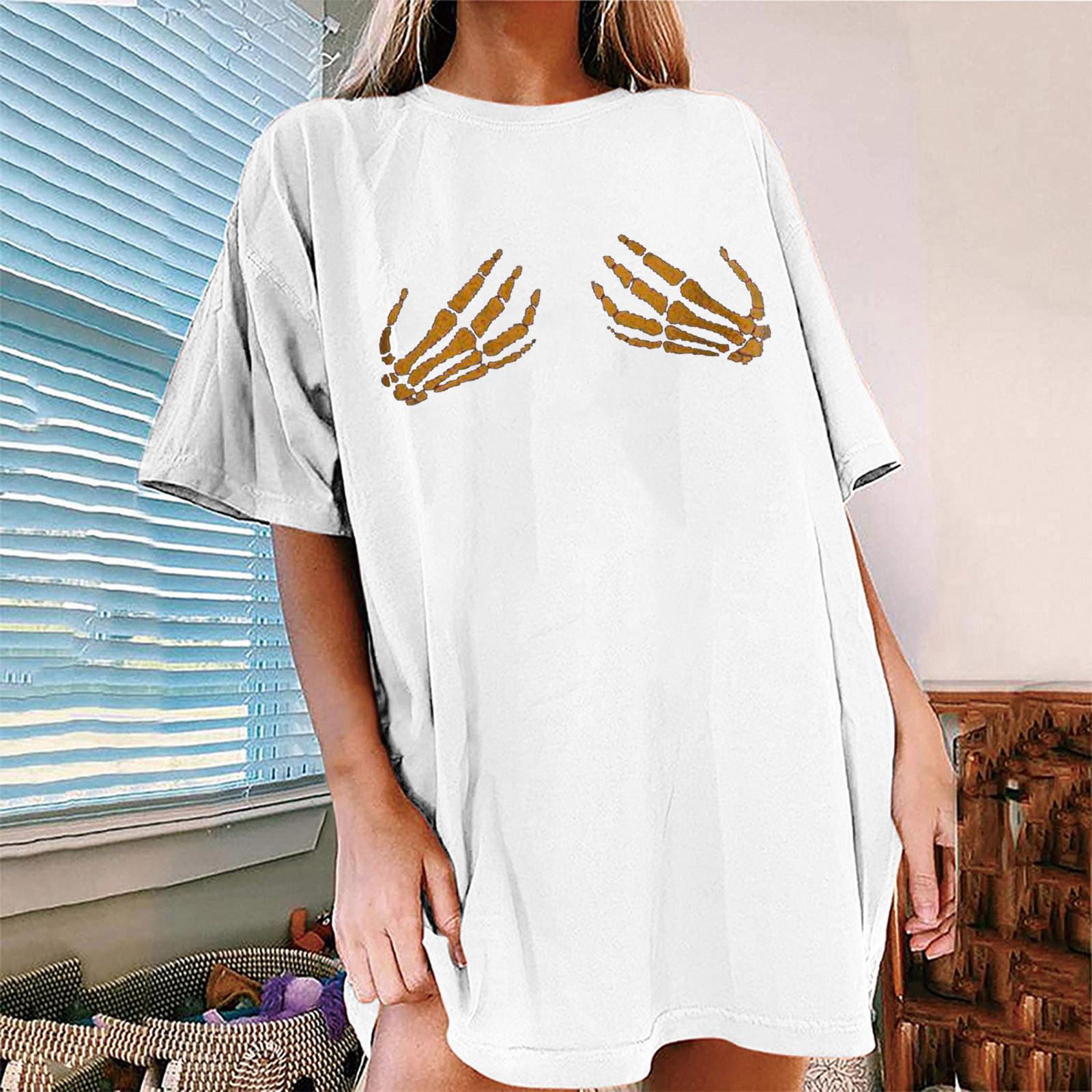 

Women s Loose Blouse Round Neck Short Sleeve Halloween Print T-shirt Top XL білий