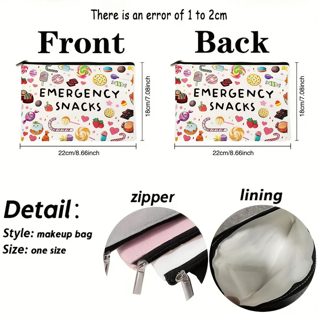 Emergency Snacks Travel Pouch - Lightweight Foldable Cosmetic Bag with Secure Zipper Closure, Durable Polyester Candy-Themed Des