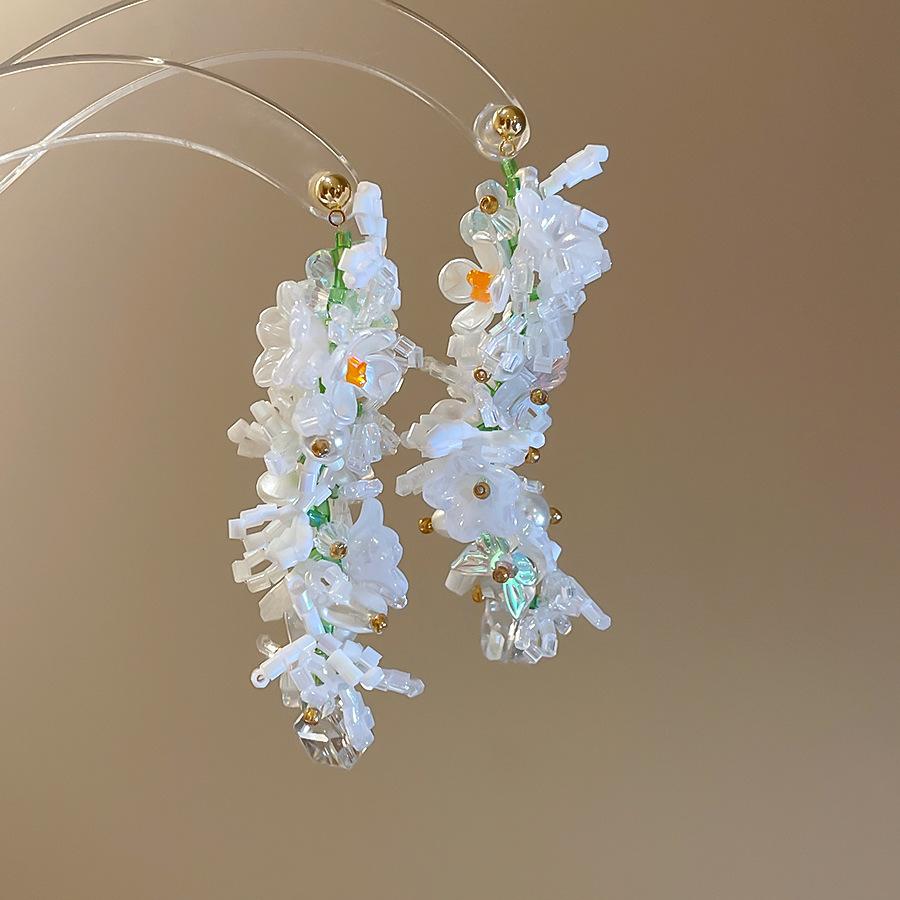 

Exquisite Rainbow Glass Beads Simulated Pearl Flower Long Tassel Dangle Earrings for Women 14K Real Gold Plated Copper белый