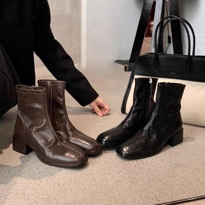 New Square Head Retro Thin Boots Side Zipper Short Boots Women's Autumn and Winter Wear Thick Heel Small Ankle Boots Martin Boots