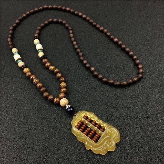 Unisex Retro Ethnic Wooden Necklace Pendant - Versatile Long Sweater Chain and Clothing Accessory