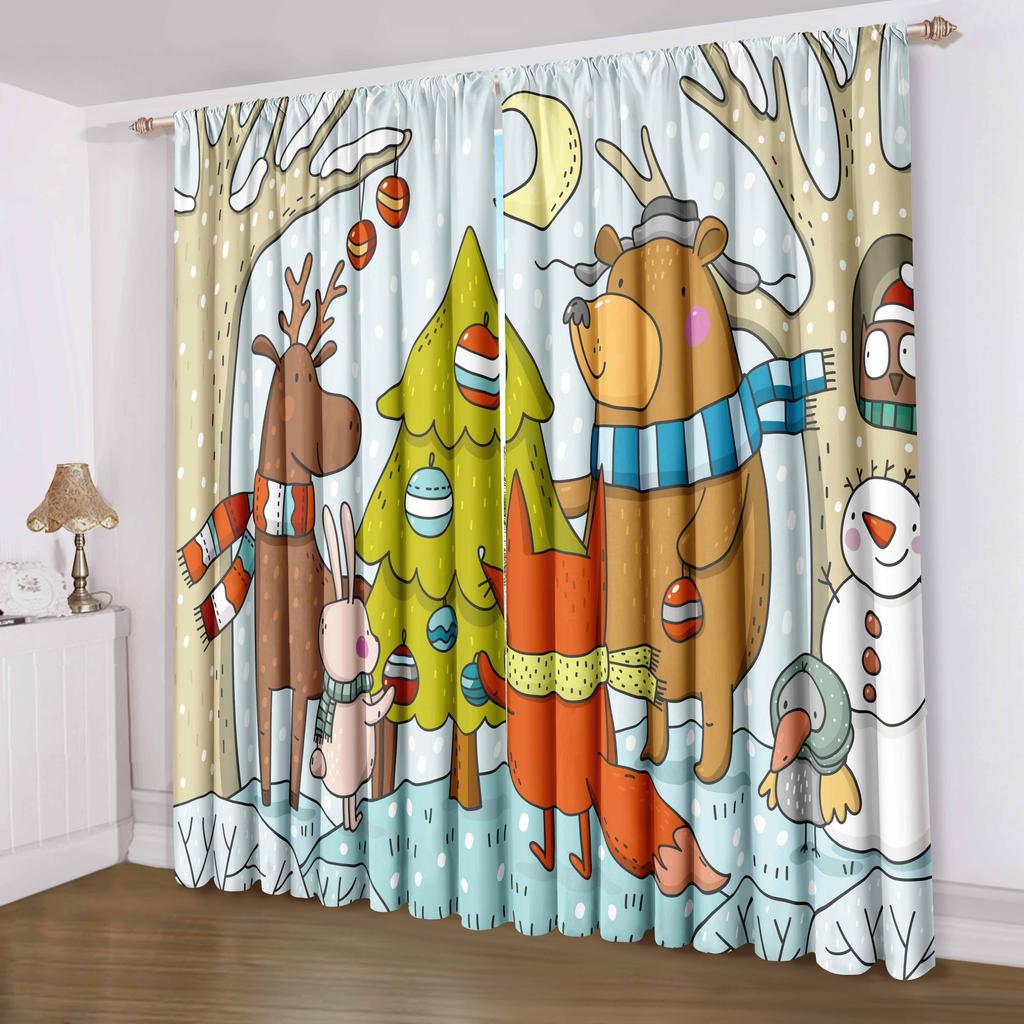 2pcs Set Christmas Reindeer & Santa Claus 3D Printed Curtains Rod Pocket Privacy Drapes for Bedroom Living Room Kitchen Office