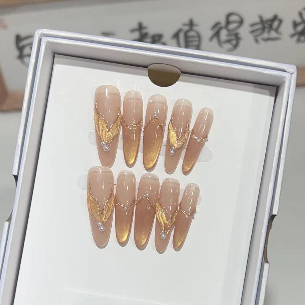 10Pcs Handmade Cat Eye Gradient Long Coffin Stiletto Press On Nails With Glitter Diamond Pearl Flower Bowknot Decorations