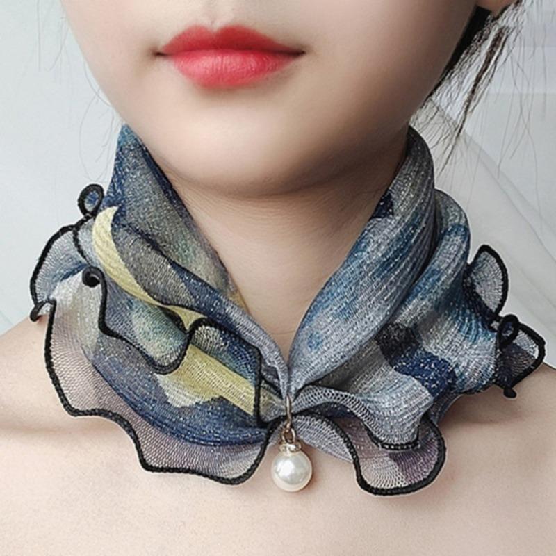 Spring Summer Chiffon Neck Collar Scarf Women Head Thin Sunscreen Variety Small Silk Anti-UV Scarf Mask Multi-Function Scarf