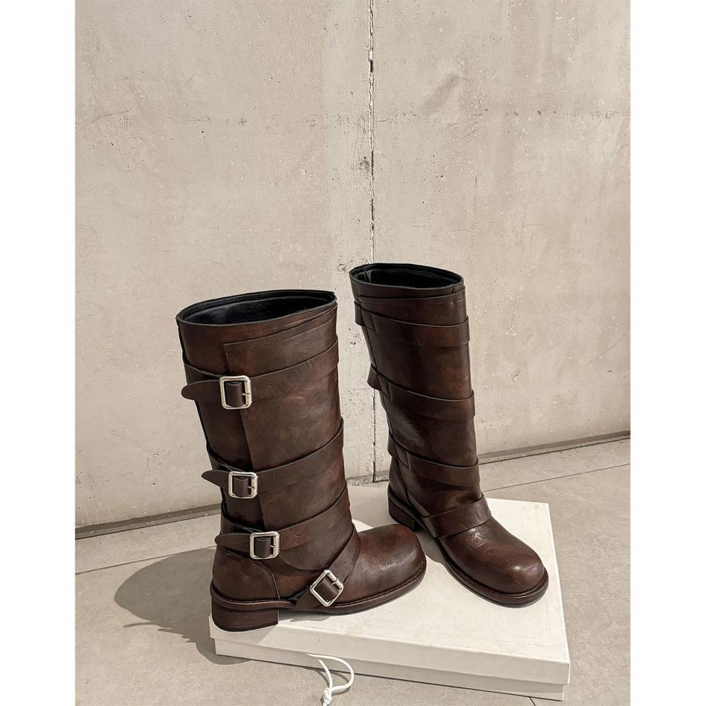 2025 New Big Tube Circumference Western Cowboy Boots Women's Belt Buckle But Knee Middle Tube Knight Boots Slim Fat Boots