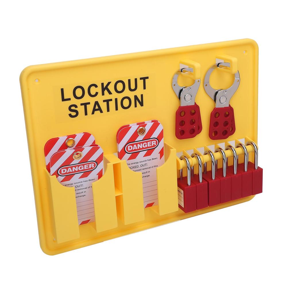 Lockout Tagout Station Kit PC PA Wall Mount Industrial Safety Lock Board Set with 10 Tags 2 Hasp Lock Yellow