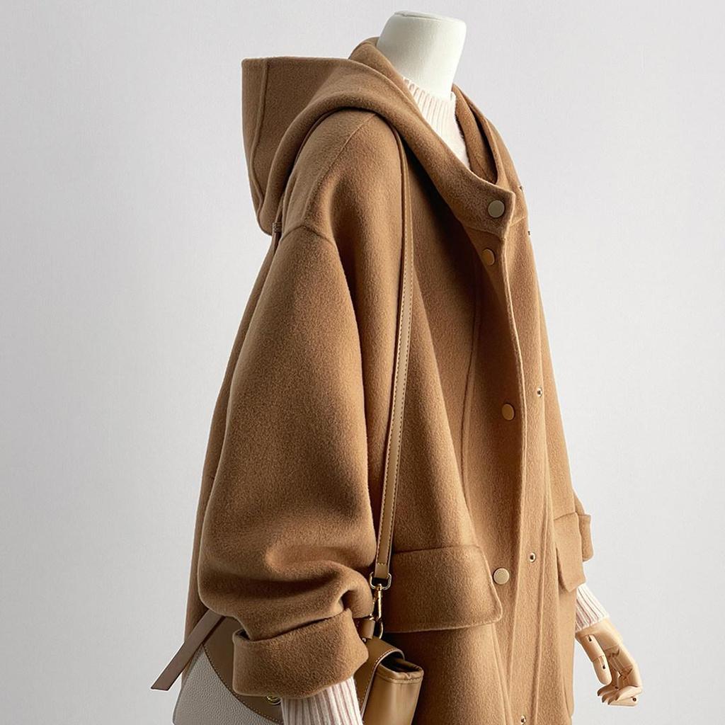 Women's 2025 Autumn Camel Hooded Double-Sided Wool Coat - New Korean Style High-End Overcoat
