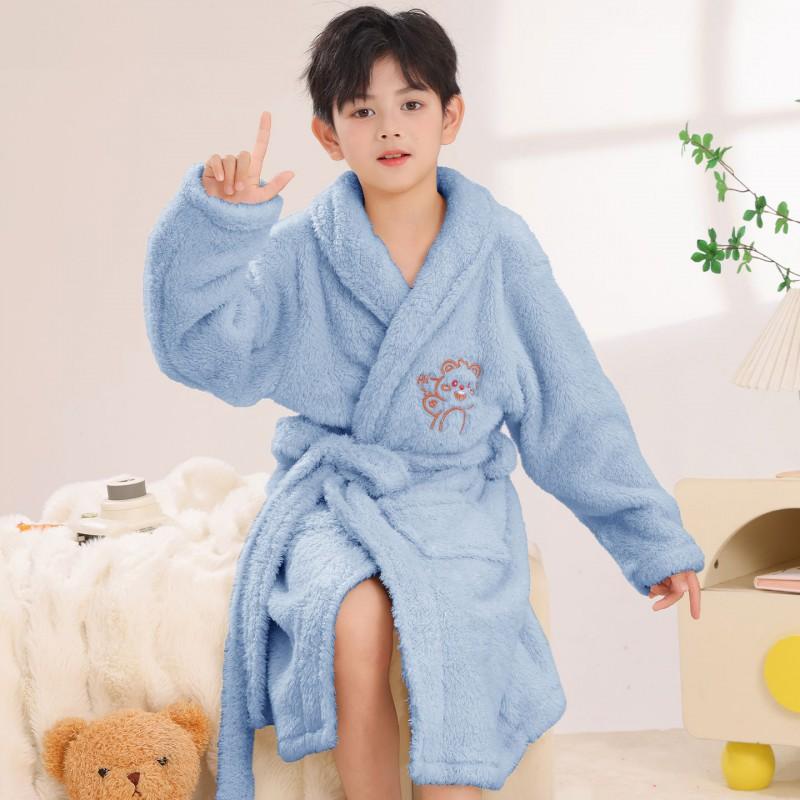 Boys Thick Flannel Robe Sleepwear Kids Ages 3-8 Coral Fleece Pajamas Bathrobe With Cartoon Print Warm Cozy Home Wear
