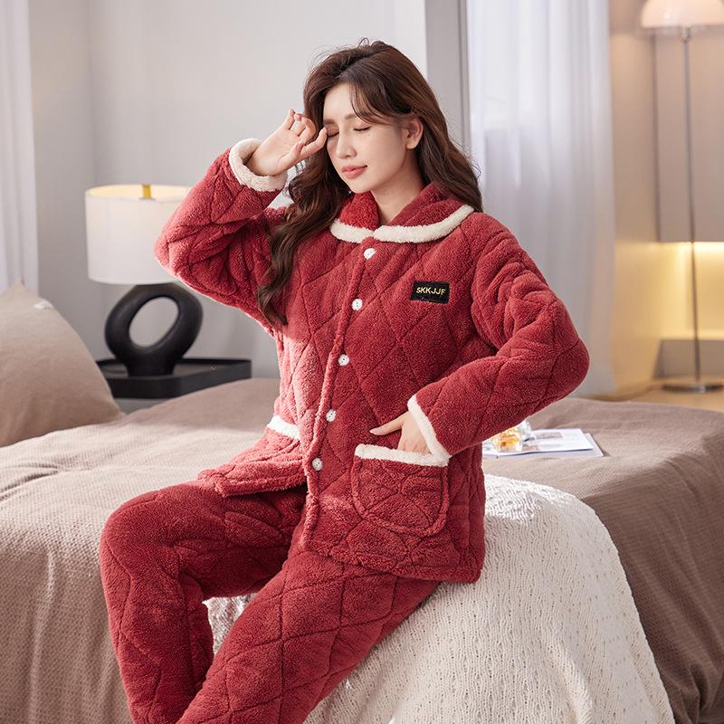 Pajamas Women's Winter Three-layer Thickened Padded Jacket Coral Fleece Lapel Super Warm Can Be Worn Outside Loungewear