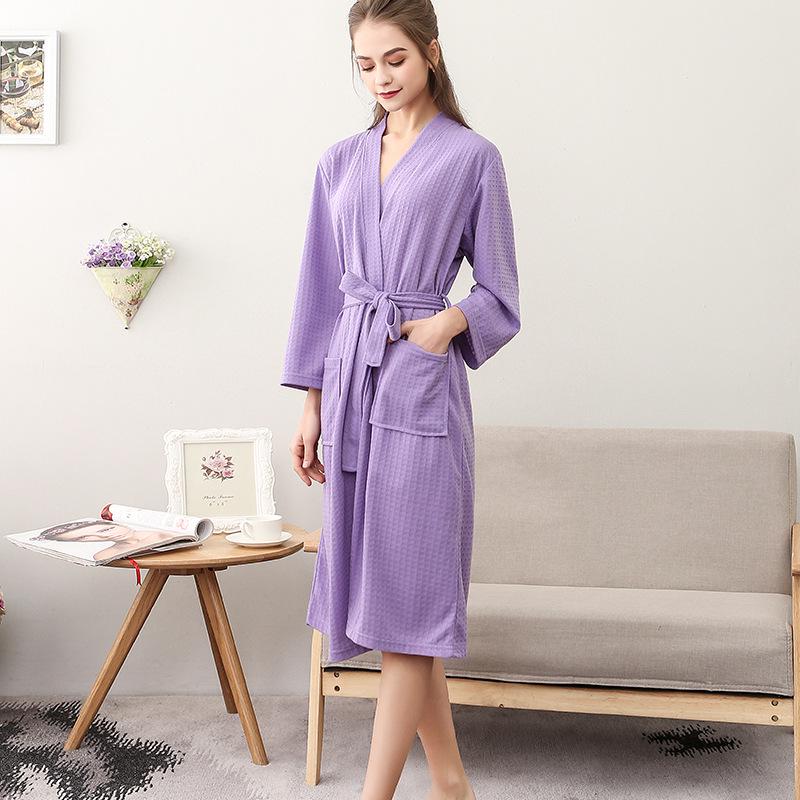 Men and Women Spring Summer Solid Lace Up Bathrobe Couple's Korean Style One Piece 3/4 Sleeve Robe with Pockets