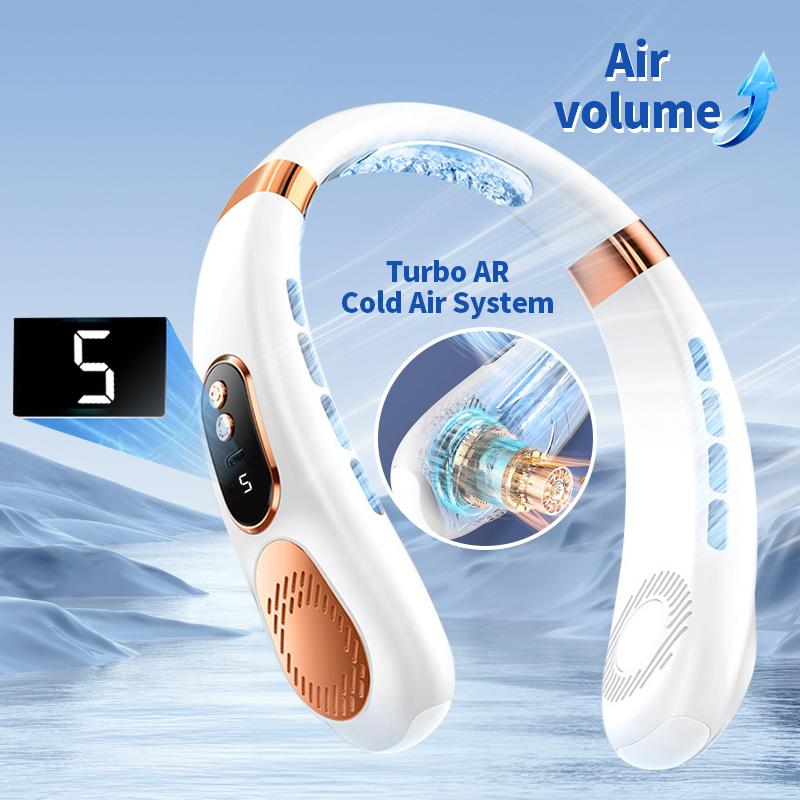 Wireless Neck Fan, Neck Cooling Device, Strong Wind with Silent Operation, Battery Durability, with Light, for Summer Cooling