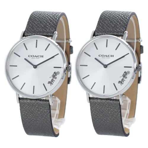 Coach storage box pair watch set, two-piece, matching metallic gray leather watches for adults, 1450315514503155