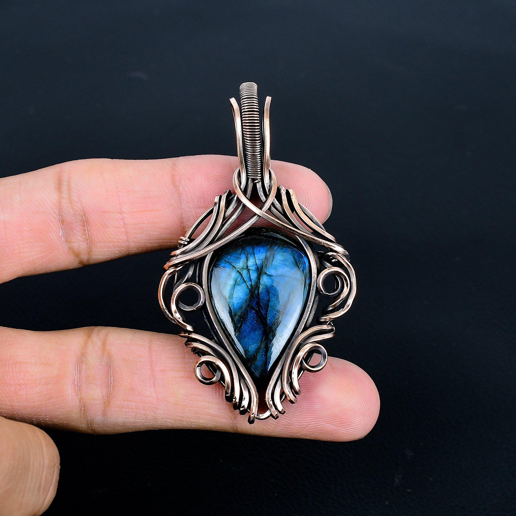 

Подвеска из лабрадорита, Подвеска ручной работы, обернутая медной проволокой 999 пробы, Антикварное украшение, Для подарка, Серебряное украшение 2.67 Inches