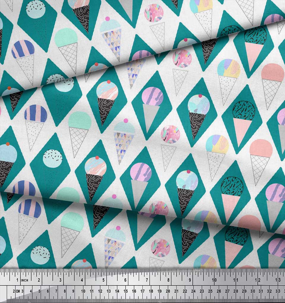 Soimoi Blue Japan Crepe Satin Fabric Diamond & Ice Cream Cone Food Print Fabric by the Metre 42 Inch