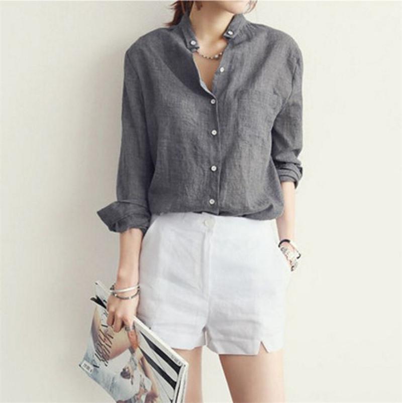 Plus Size Korean Style Long Sleeve Cotton Linen Women's Shirt