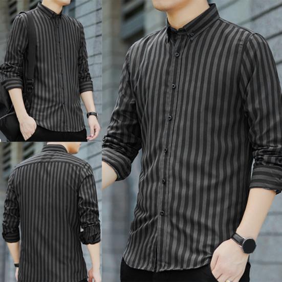 Men Shirt Formal Single-breasted Stripe Turn-down Collar Business Shirt for Work