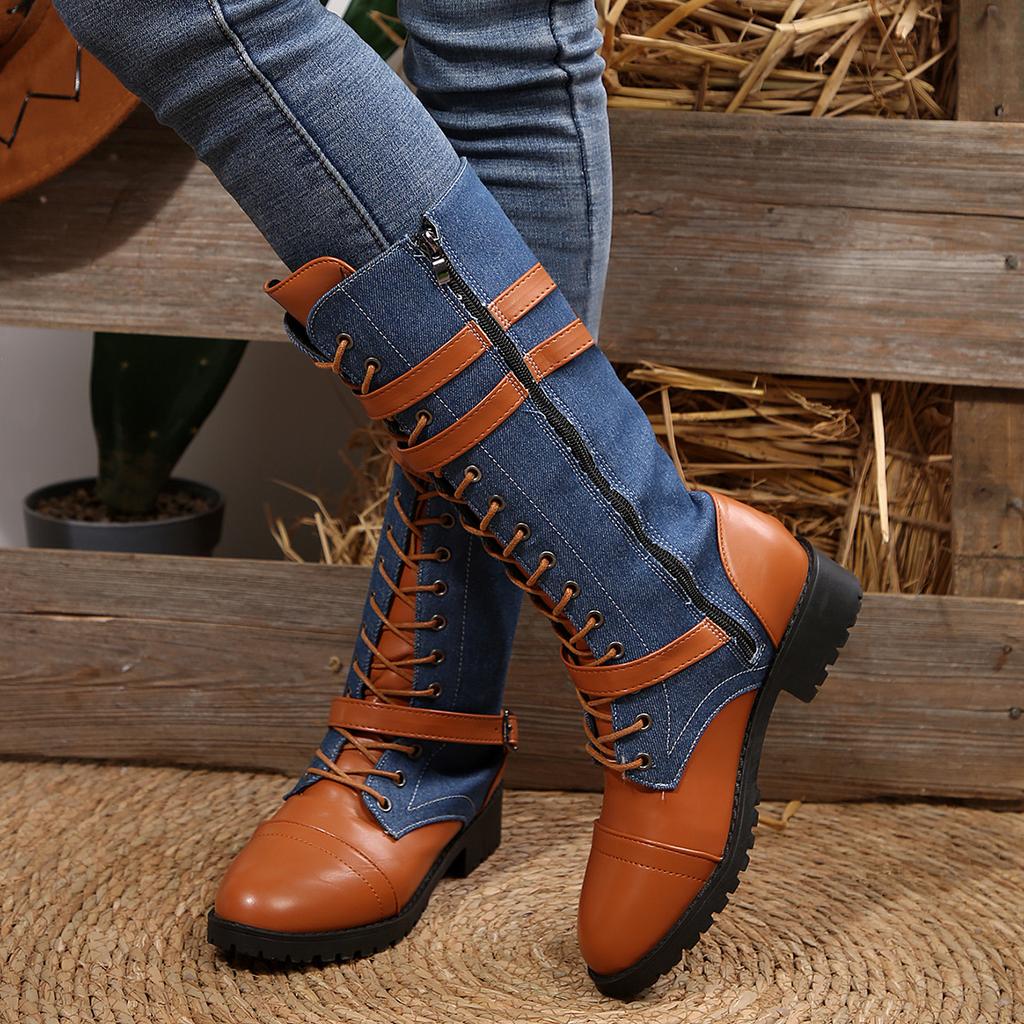 Chunky Harness Combat Boots for Women,Wide Calf Round Toe Lace Up Leather Mid Heel Boots for Fall