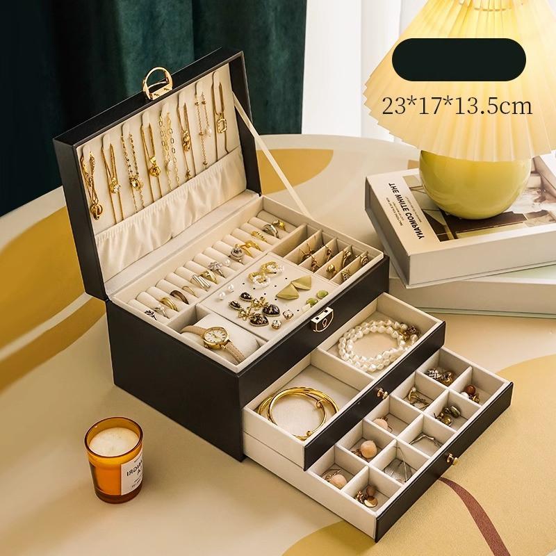 Classic Leather Jewelry Box With Multiple Layers For Elegant Storage Of Earrings Rings And Necklaces