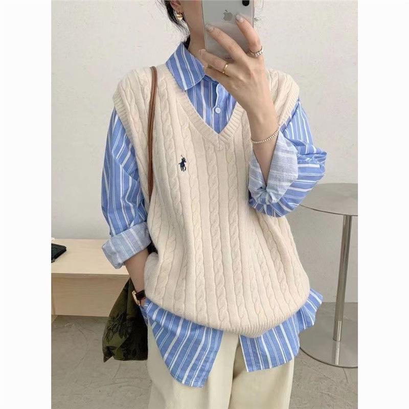 

2024 Корейский стиль Вязаный кабель Вышивка Без рукавов Повседневный Свободный Жилет-свитер Medium