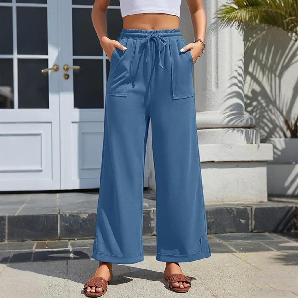 Damen locker bequem lässig Mode Farbe elastischer Bund mit Gürtel Taschen weite Hose