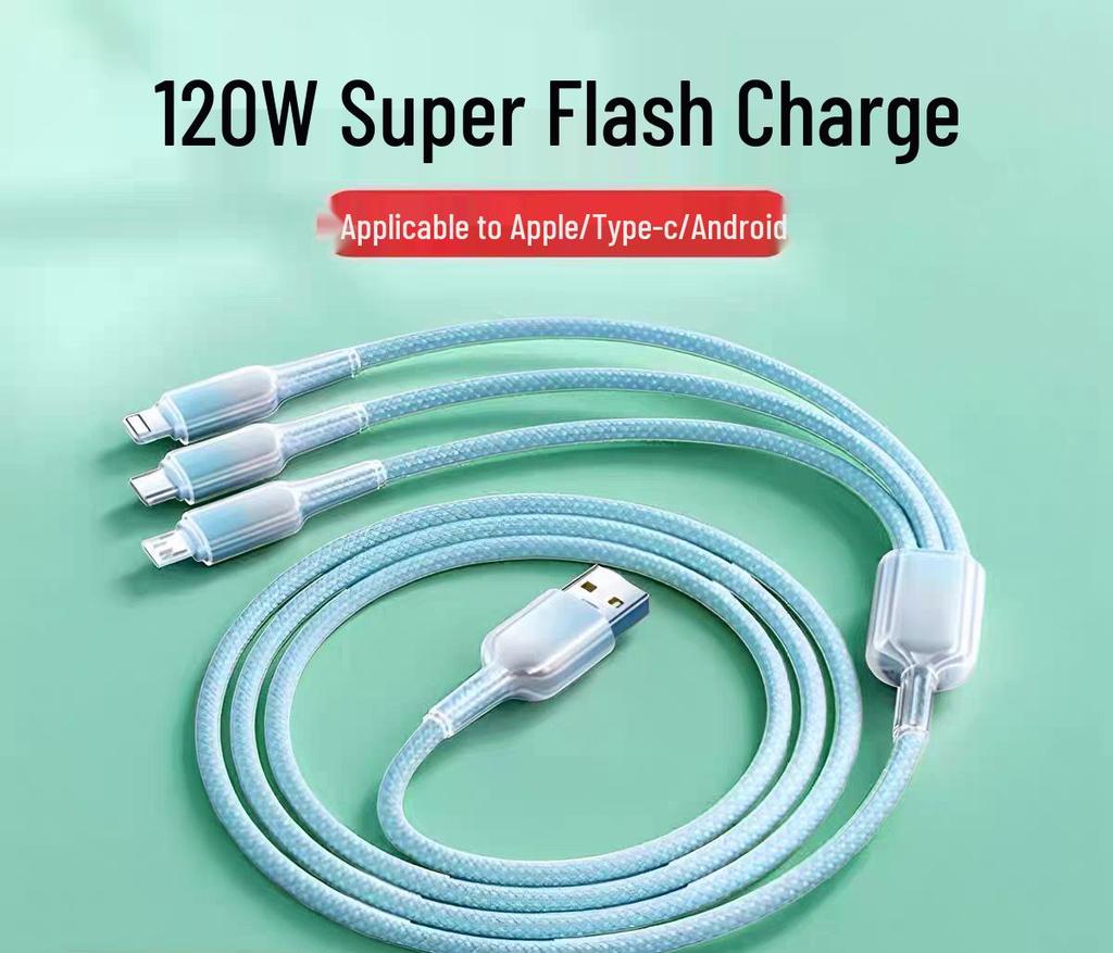 120W Ice Crystal Gradient 3-in-1 Braided Fast Charging Cable for Huawei, Apple, and Android Devices