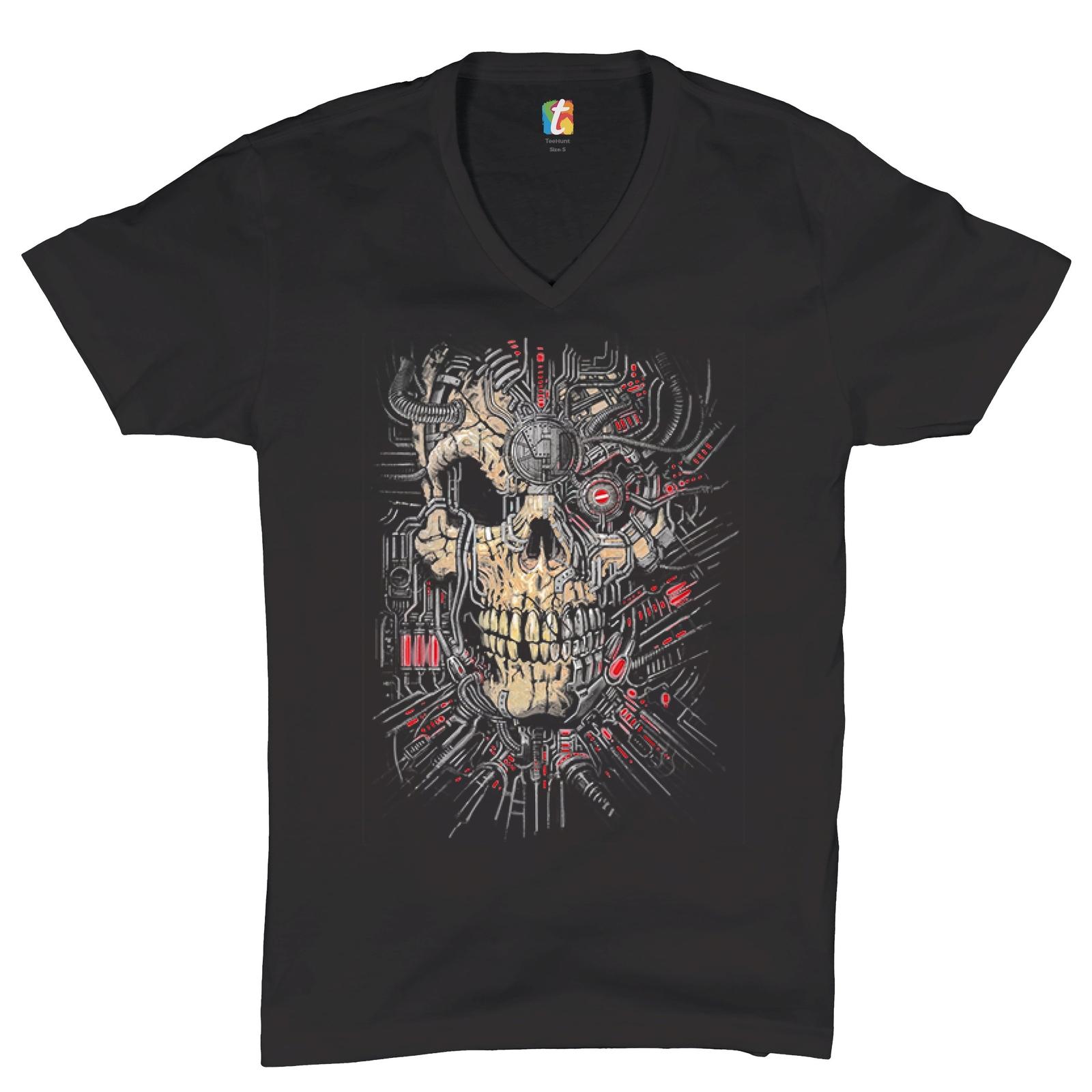 Cyborg Skull Face V-Neck T-shirt Scary Cyberpunk Robot Horror Tee S