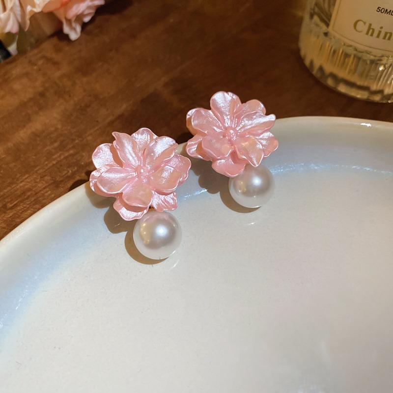 Silver Needle Resin Flower Pearl Pendant Earrings Small Fresh Light Luxury Premium Earrings Sweet Design Earrings Women