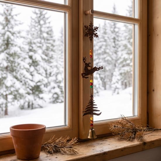 Christmas Tree Hanging Ornaments Rustic Metal Elk Wind Chime, Xmas Ornament with Reindeer Festive Entrance Hall Decor Snowflake Patterns, Vintage
