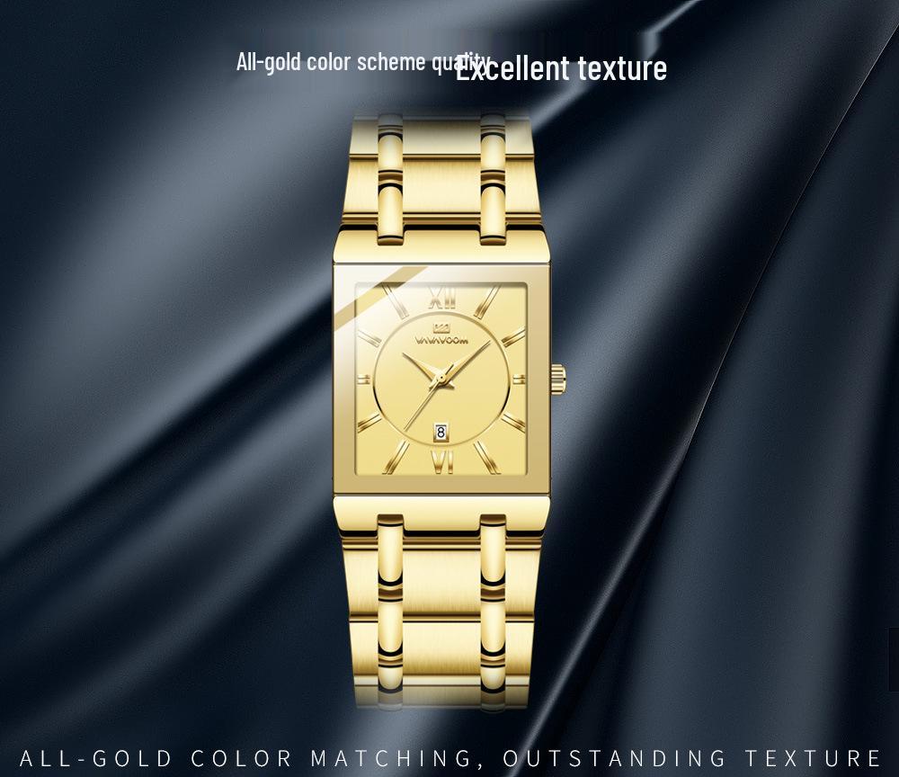 Men's Black Gold Quartz Waterproof Wristwatch with Steel Band