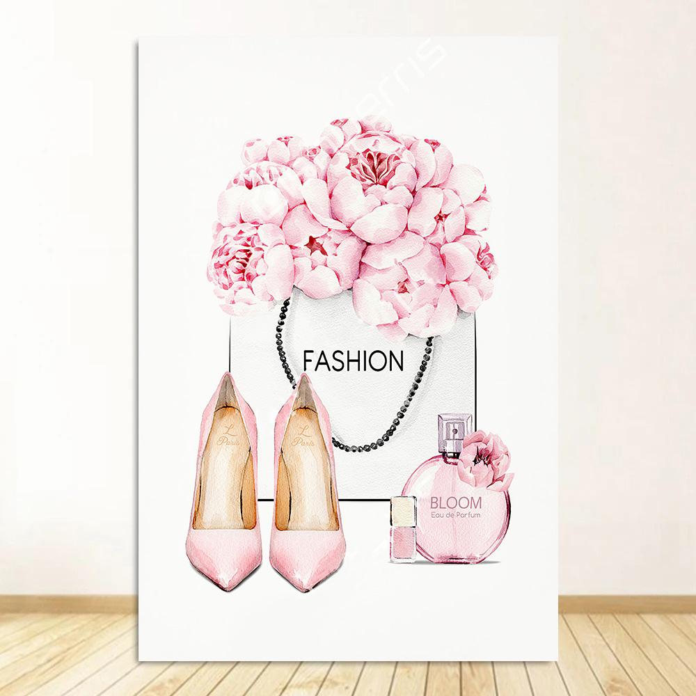 Pink Fashion Girl Flower Print Perfume Women Luxury Books Decorative Paintings Canvas Wall Art Pictures Nordic Room Decorations