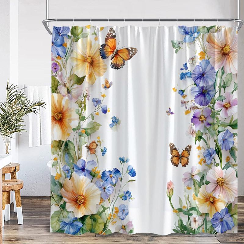 

Акварельные Цветочные Бабочки Шторы для Душа Желтый Фиолетовый Цветок Зеленое Растение Бабочка Минималистичный Декор для Ванной Занавеска для Ванной 180x180cm-70x70in