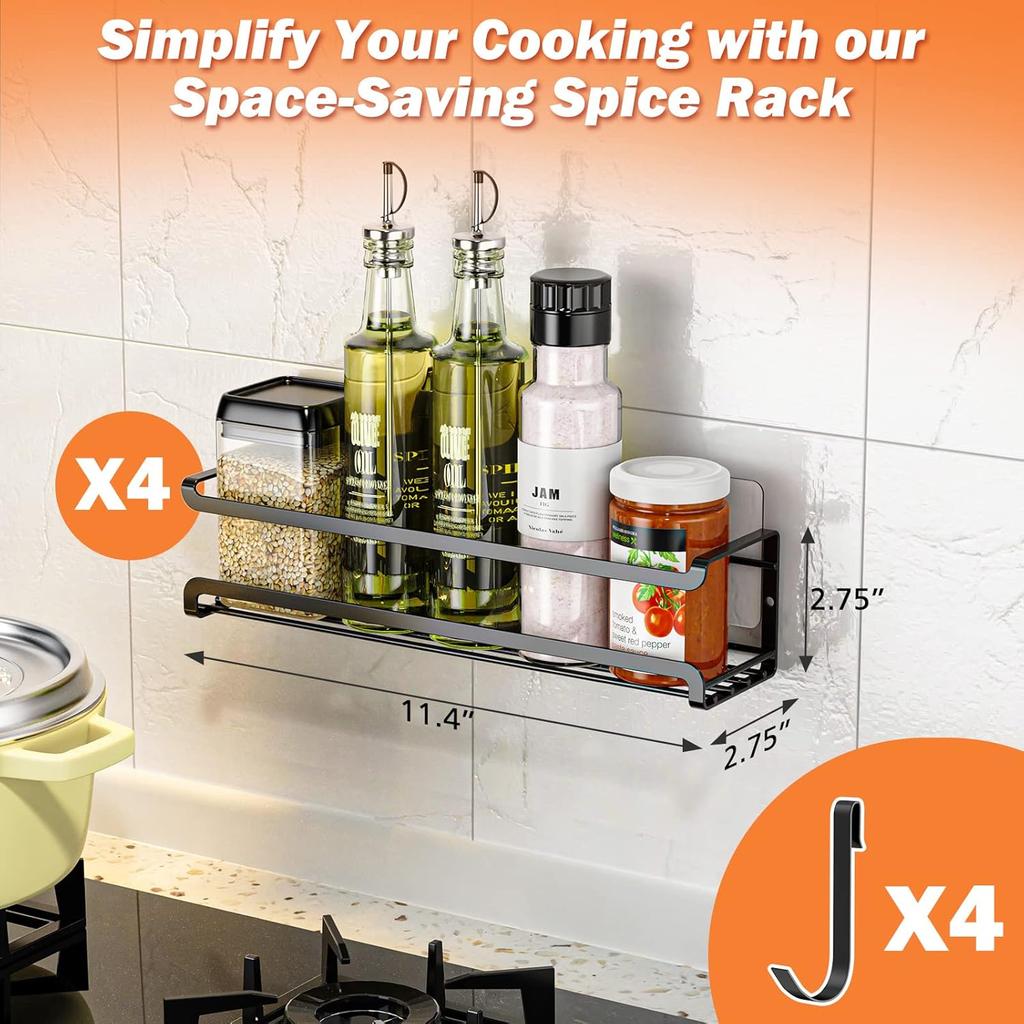 Spice Rack Wall Mounted 4 Pack,Space-Saving Spice Organizer for Spice Jars and Seasonings,Screw or Adhesive Hanging Spice Rack Organizer for Your