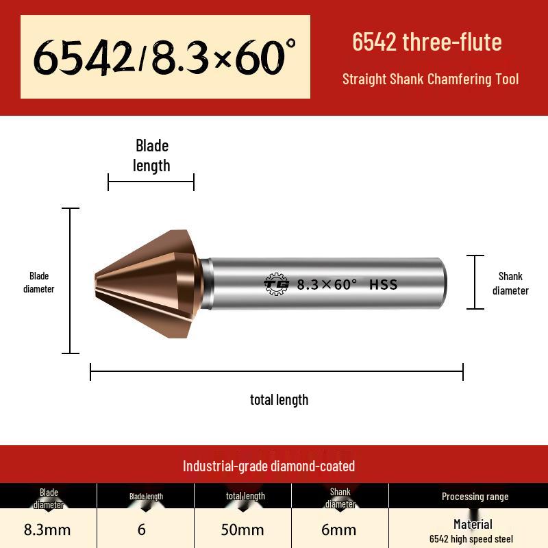 Tiangong 6542 Cobalt HSS 60° Single-Edge Chamfering, Deburring, and Countersink Cutter with Straight Shank.