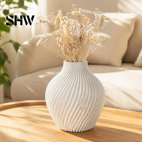 Spiral Ribbed Vase Modern Vase, 3D Printed Dried Flower Matte Floral Arrangement Container White Decorative for Living Room Shelf Table Centerpiece