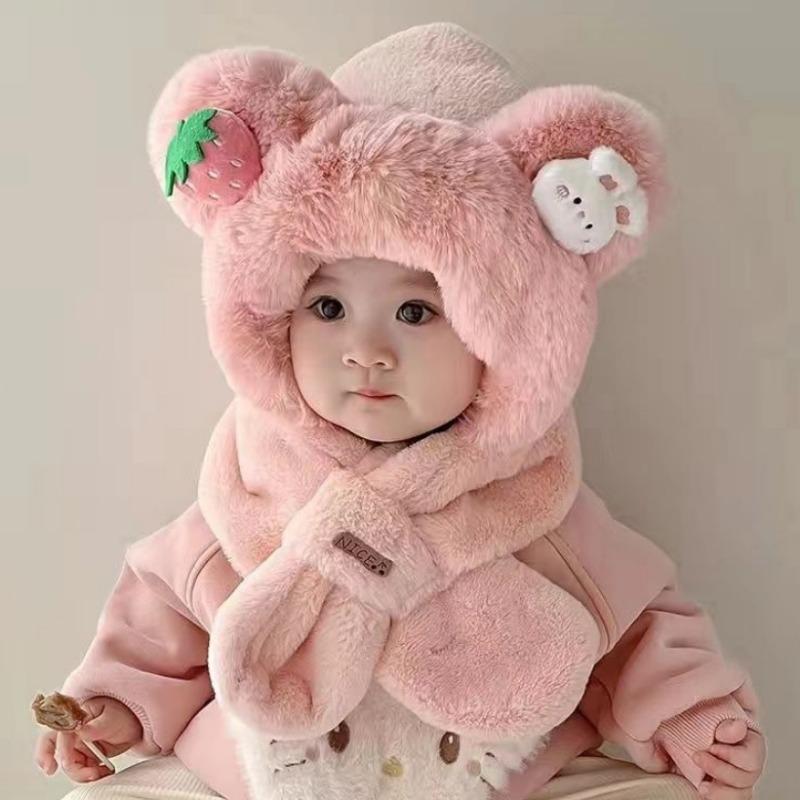 Winter children's hats, scarves, integrated hats, velvet and thickened cartoon two-piece sets, cute and cute boys and girls ear hats.