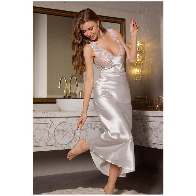 European American Luxury Sexy Nightgown Lace Trim Spaghetti Strap Slim Fit Elegant Long Sleepshirt for Crossborder Nightwear