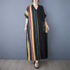 Summer Thin Cotton V-neck Short Sleeved Contrasting Splicing Long Dress for Women