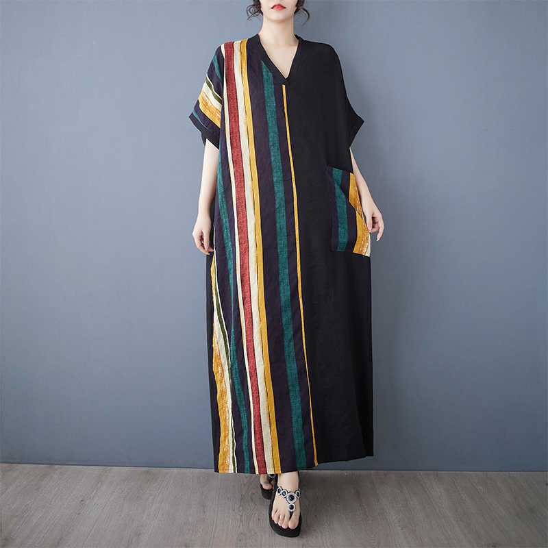 Summer Thin Cotton V-neck Short Sleeved Contrasting Splicing Long Dress for Women
