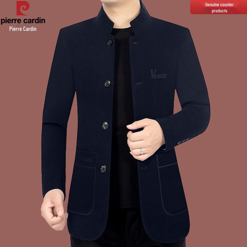 Pierre Cardin Men's Woolen Stand-Up Collar Jacket – Spring/Autumn Business Casual for Middle-Aged Dads.