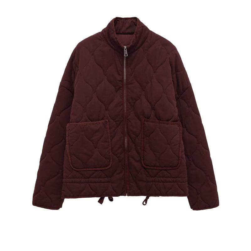Women's Polyester Padded Jacket 2026New Arrival Vintage Lenzing Rayon High Collar Large Pocket Decorative Quilted Coat for Women