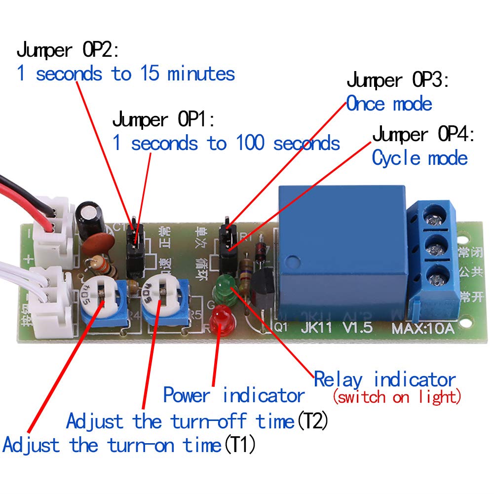 Adjustable Times Switch Module DC 5V/12V/24V Delay On/Off Timer Delay Switch Module 6 Types Optional Time Delay(DC 12V 0-15mins)