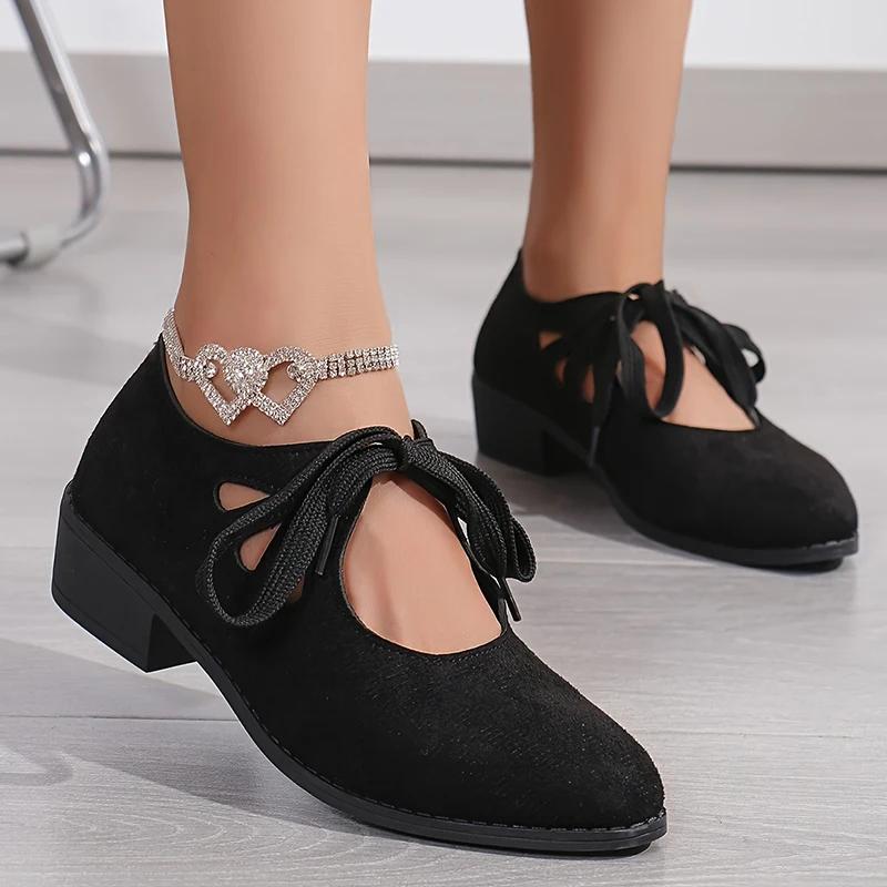 Fashion 2025 Vintage Lace Up Thick Heels Pumps Women Shoes 2025 Spring Pointed Toe Mary Jane Shoes Woman Plus Size Faux Suede Pumps 43