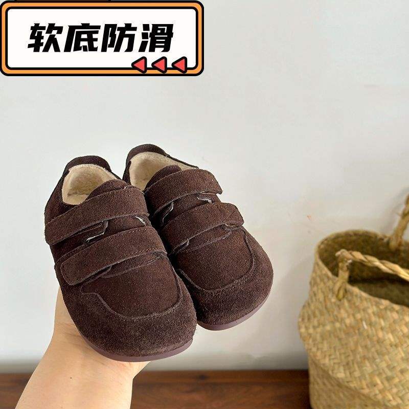 Korean Children's Birkenstocks, Boys' Winter Velvet Casual Shoes, Velcro Retro Girls' Two Cotton Shoes, Warm and Non-slip