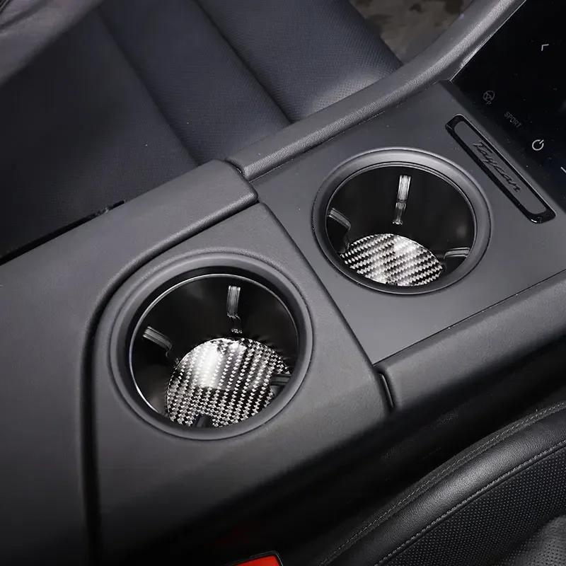 Soft Carbon Fiber Car Central Cup Holder Cover Decorate Sticker Interior Car Accessories For Porsche Taycan 2019-2025 (LHD RHD)