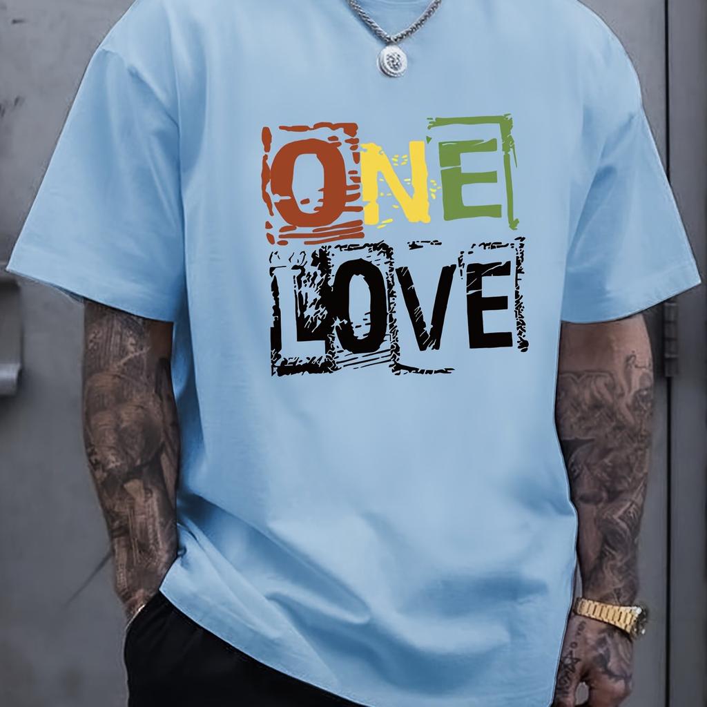 Unique One Love Letter Print Short Sleeve T-Shirt Comfy Slight Stretch Crew Neck Geometric Perfect for Casual Activities