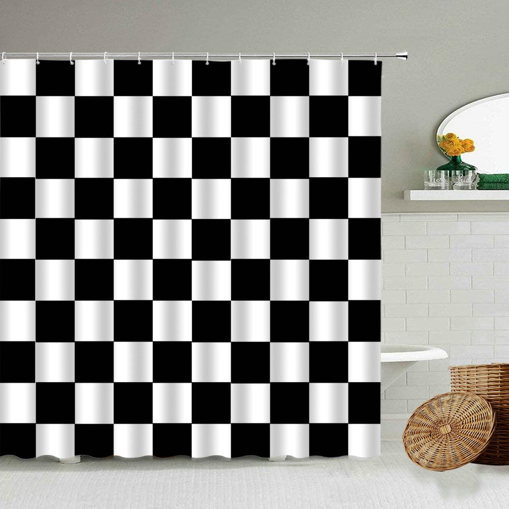 Black and White Checkered Wave Stripe Geometric Shower Curtain Bathroom Waterproof Polyester Curtain with Hook Home Decor