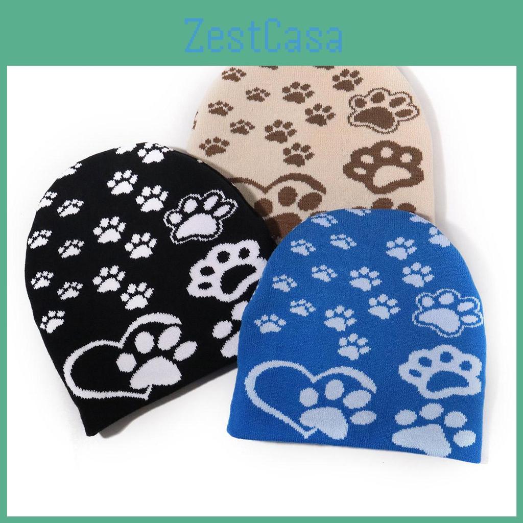Knit Hat Acrylic With Paw Print Design For Casual Winter Wear And Sports Outdoor